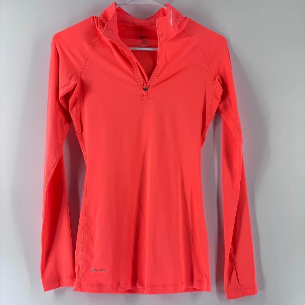 Nike Pro 1/4 Zip Top Womens XS Neon Coral Dri-FIT Fitted Thumbhole Shirt